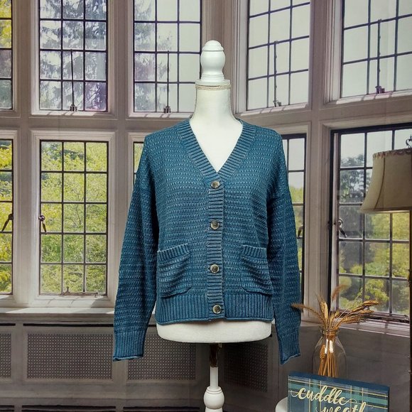NWT SONOMA CROPPED BUTTON-UP CARDIGAN (WASHED BLUE / XL) - Picture 3 of 14